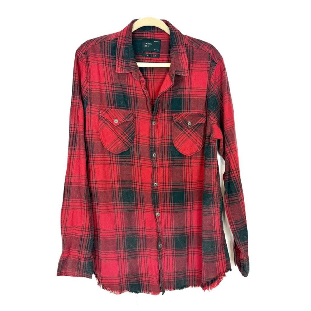 Zara Men’s Plaid Shirt Long Sleeve Frayed Hem Black red Button Up Large Collared